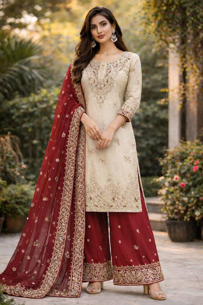 Regal Pearl & Burgundy Palazzo Couture
